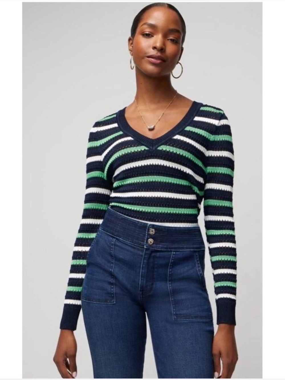 White House Black Market Navy, Green & White Striped V-Neck Sweater